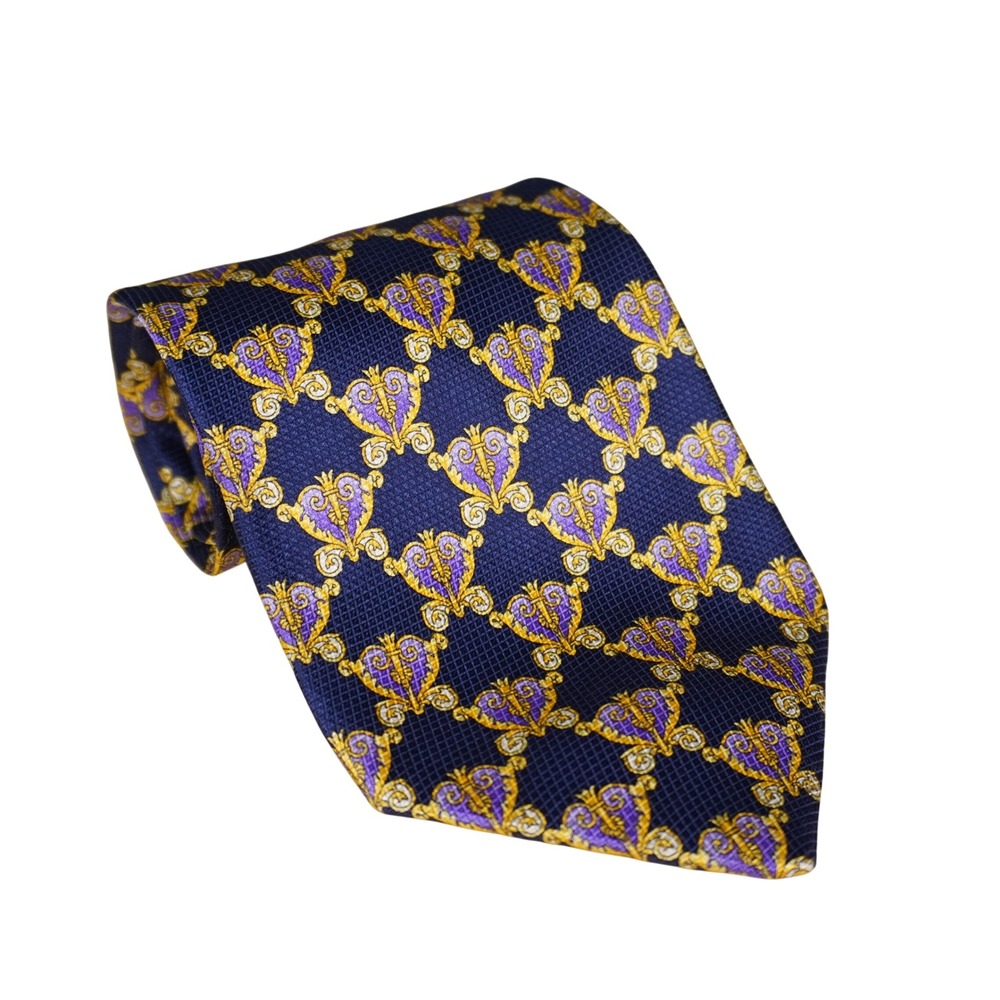 Vintage Gianni Versace Necktie Navy Purple Gold Baroque Silk Italy 3.75" x 58"